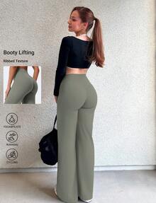 VOYJOY Straight Leg Bottoms Wide Leg Pants For Women  31.5" High Waist Stretch Casual SweatpantsWomen Mini Flared Leggings Summer  Leggings For Women - 灰綠 - 查看 2