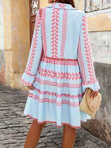Women's Bohemian Style A-Line Short Shirt Dress, Collar Long Sleeve, Button Front, Ruffle Hem - Multicolor - View 5