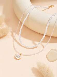 2pcs Teen Fashion Minimalist Asymmetrical Faux Pearl Beaded Alloy Shell Pendant Double Layer Stackable Sweet Collarbone Chain Suitable For Beach Wear Daily Outfit Versatile - Multicolor - View 2