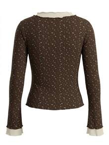 Sexy Sweet & Spicy Color Block Ditsy Floral Round Neck T-Shirt Women Spring 2 In 1 Frill Trim Flared Sleeve Top Vacation - Brown - View 7