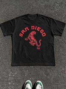 1pcs Vintage San Diego Tiger Graphic T-Shirt, Unisex Tee For Men Women, 100% Cotton Retro Funny Print Top, Summer Casual Daily Outfit - 黑色 5 - 查看 12