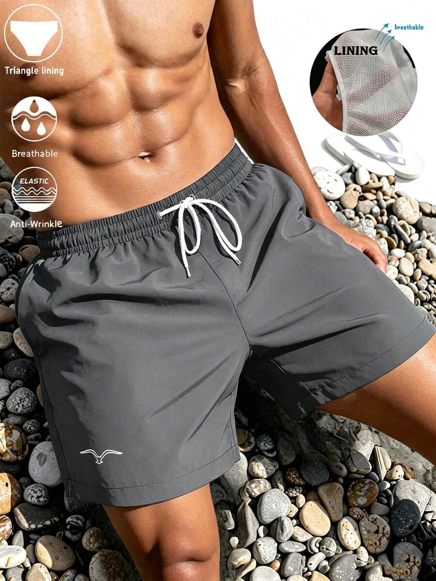 男士夏季衝浪彈性腰帶內襯沙灘短褲 素色泳褲