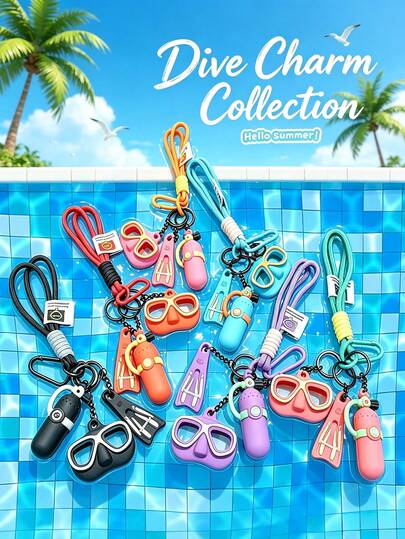 Summer Diving Simulation Mask Oxygen Tank Flippers Keychain Bag Pendant - Couple Style Exquisite Charm, Outdoor Travel Matching Small Gift, Versatile For Multiple Bag Types, Suitable For Friends Who Love Swimming Sports, Can Be Freely Combined And Decorated, Super Cute Effect, Very Charming Presence
