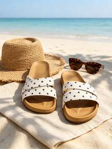 1 Pair Unisex Kids Style Flat Slide Sandals, Cute Polka Dot Soft Sole Casual Shoes Comfort Versatile For Beach Outdoor Summer Wear - Beige - View 6