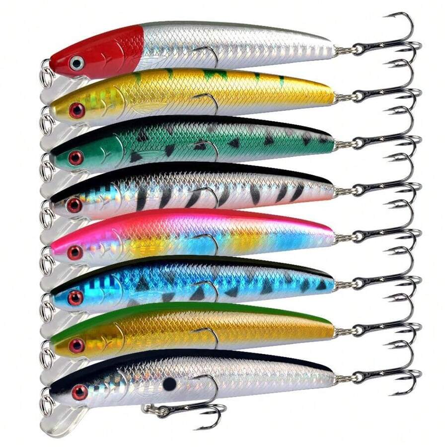 8pcs Floating Minnow Lures With Built-In Rattles, Short Lip, 9.5cm/8.5g Bionic White Striped Bait For Bass And Amur Carp, Outdoor Fishing Supplies - Multicolor - View 1