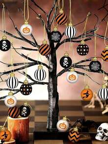 8pcs/16pcs/24pcs Set Flat Wooden Ball Ornaments, Suitable For Halloween Decoration, Including Ghost, Spider, Pumpkin And Skull Patterns; Suitable For Haunted House Decoration, Halloween Party Tree Ornaments, Window Display And Atmosphere Props - Multicolor - View 1