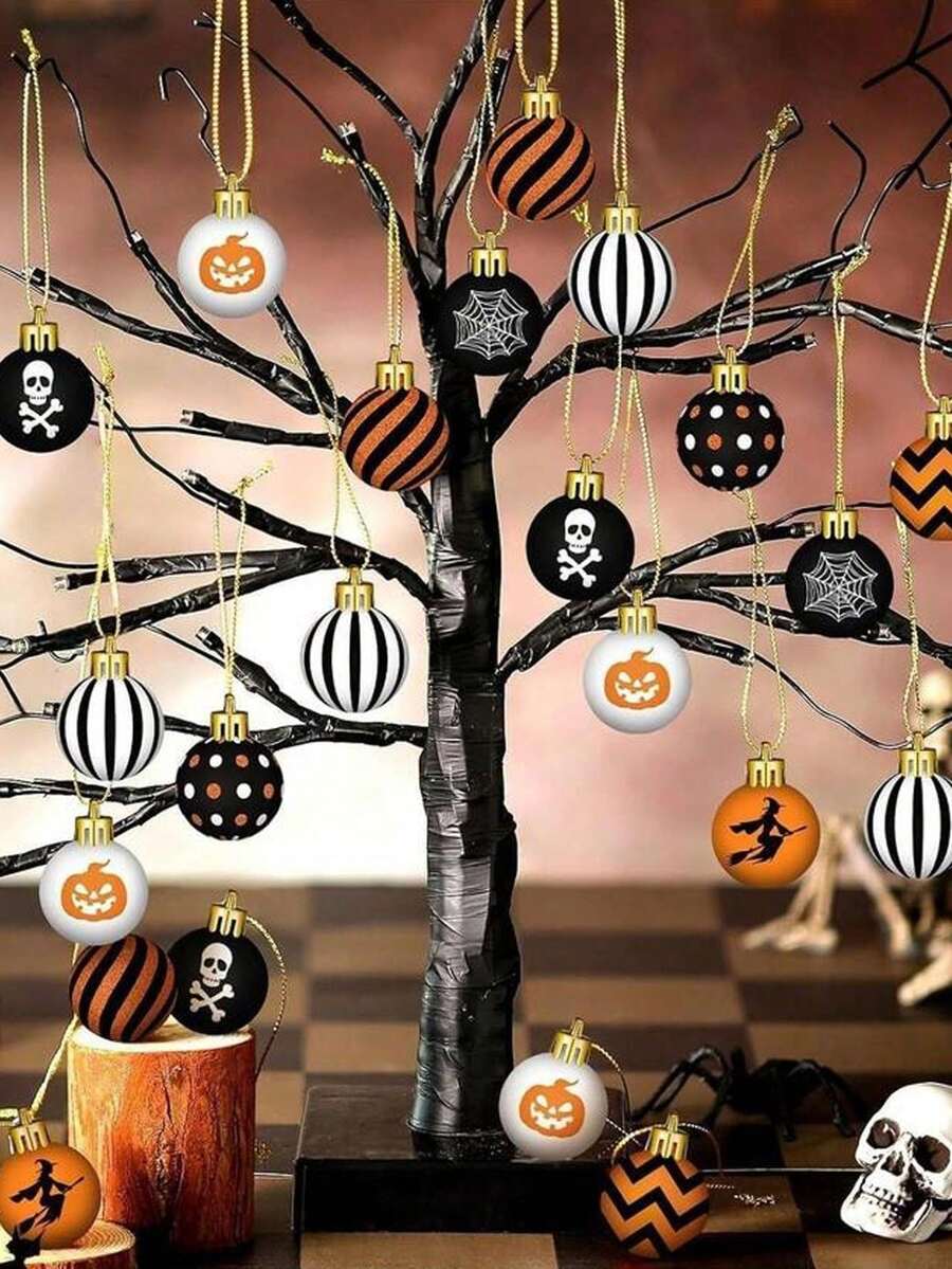 8pcs/16pcs/24pcs Set Flat Wooden Ball Ornaments, Suitable For Halloween Decoration, Including Ghost, Spider, Pumpkin And Skull Patterns; Suitable For Haunted House Decoration, Halloween Party Tree Ornaments, Window Display And Atmosphere Props - Multicolor - View 1