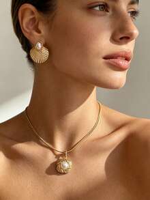 Ins Viral Fan-Shaped Embossed Stainless Steel Jewelry Set, Waterproof, Sweat-Proof, Hypoallergenic, Lightweight, Comfortable For Ears, Suitable For Students, School, Commute, Date, Christmas, Daily Wear, Graduation, Prom, Summer Beach, And Everyday - Multicolor - View 4