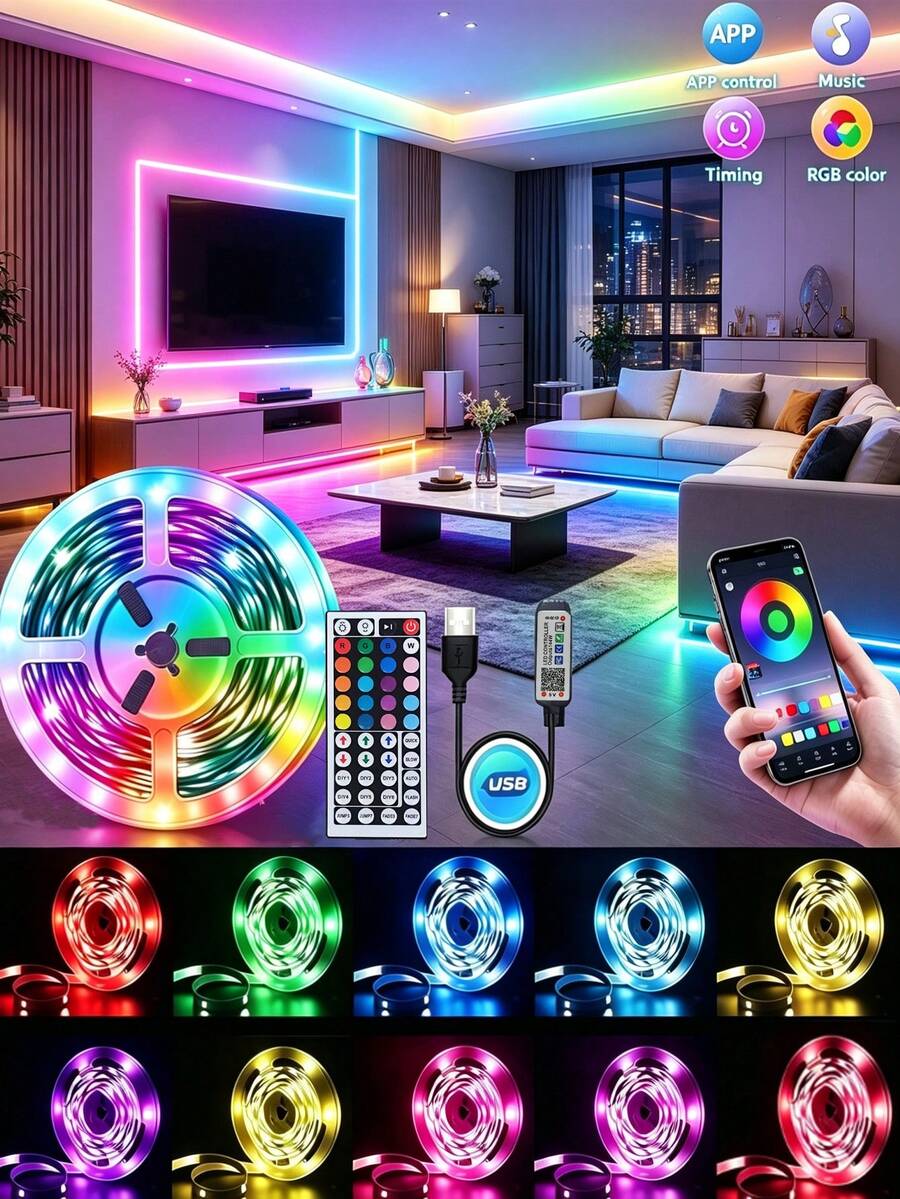 智能音樂 RGB LED 燈條，3.28英尺(1捲)~98.42英尺(2捲)附紅外線 44 鍵遙控器，USB 5V LED 燈條附背膠，可調色，適用臥室、派對裝飾、居家裝飾、廚房、電視、節日派對，最佳禮物