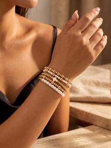 5pcs French Vintage Niche Design INS Style Cross & Faux Pearl Multi-Layer Stackable Bracelet Set For Women, Suitable For Daily Casual, Outings, Banquets, Music Festivals And Party Events - Gold - View 1