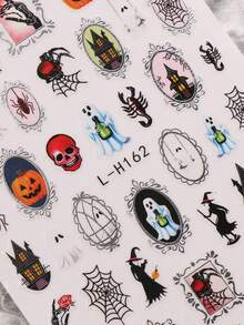 3pcs Halloween Day Of The Dead Self-Adhesive Pumpkin Lantern Ghost Skeleton Witch Spider Web Pattern Nail Art Decoration Metal Silver Dark Horror Party Autumn Winter Holiday DIY Nail Artist Supplies Nail Stickers - Multicolor - View 6
