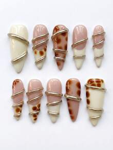 10pcs Handmade Long Pointed Acrylic Press-On Nails, 3D Metal Coil & Tortoise Shell Spotted French Tip, Removable & Reusable Manicure Set (Includes Jelly Glue And Nail File) - Brown Milk White - View 1