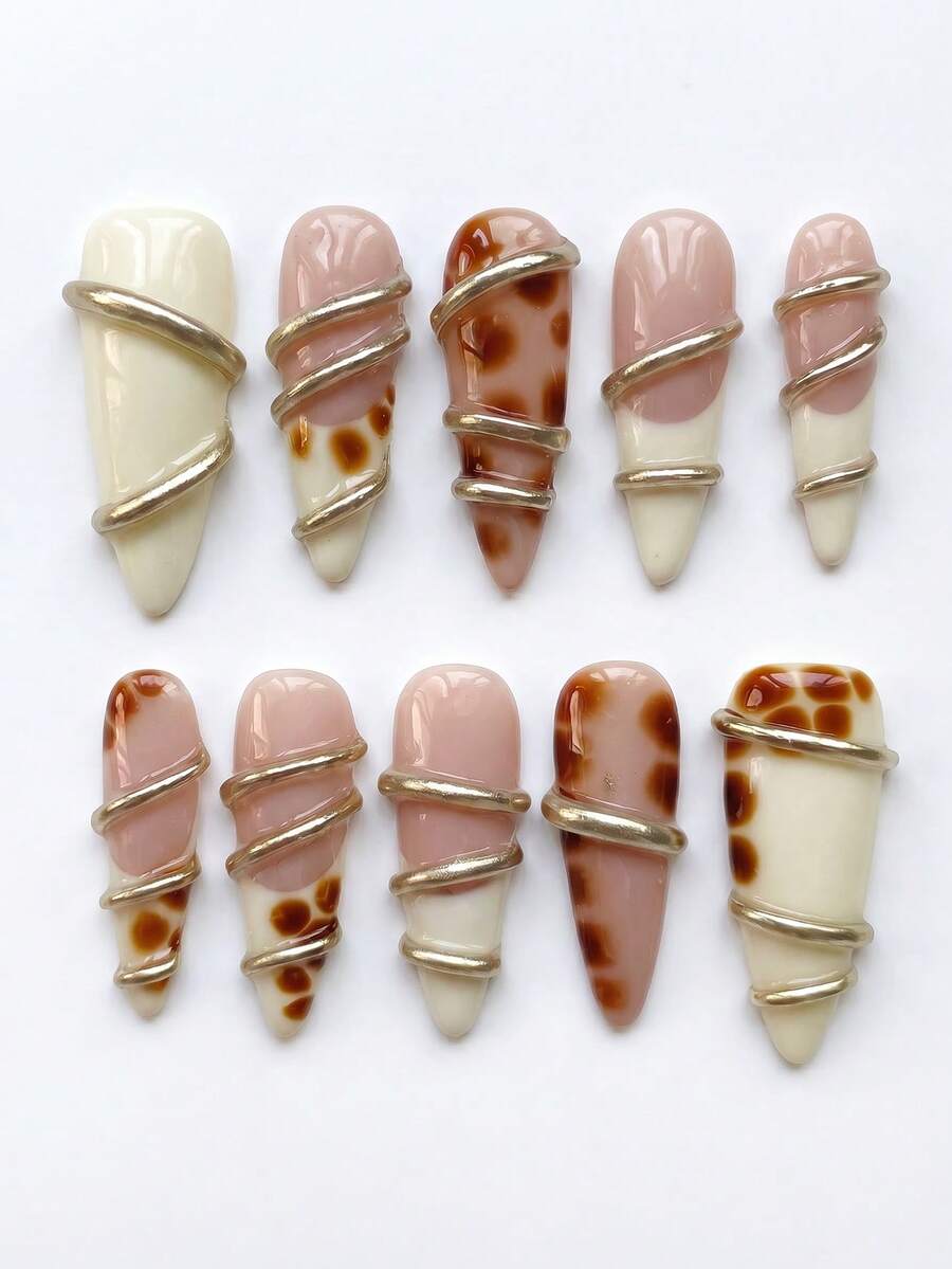 10pcs Handmade Long Pointed Acrylic Press-On Nails, 3D Metal Coil & Tortoise Shell Spotted French Tip, Removable & Reusable Manicure Set (Includes Jelly Glue And Nail File) - Brown Milk White - View 1