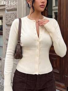 Da Jade Women Elegant Autumn Soft Ribbed Knit Crew Neck Long Sleeve Button Front Slim Fit Cropped Cardigan Daily Commute Brunch Afternoon Tea Casual Top - Apricot - View 1