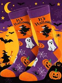 1 Pair Men's Fun Pattern Halloween Mid-Calf Socks, Witch Ghost Pumpkin Spider Design, Autumn/Winter Style, Gift For Boyfriend Son Husband - Multicolor - View 8
