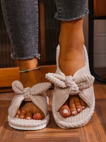 Classic Striped Cross Bow Open Toe Plush Slippers Women Autumn Winter All Season Indoor Home Slip-On Shoes - Beige - View 5