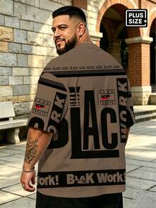 Plus Size Big & Tall Light Khaki Base Black Logo "BLACK WORK" Repeat Slogan + GAME Logo American Street Workwear Retro Cool Short Sleeve Top Summer Sports - Brown - View 2