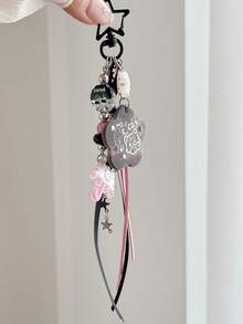 1pc Sweet Cool Black & Pink Kitten Star Strawberry Pendant, Pink Umbrella Beaded Tassel Bag Charm Accessory - Multicolor - View 4