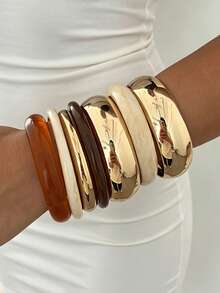 7/4/3pcs Vintage Elegant Casual Style Women's Brown Acrylic Marbled Round Bangle And Gold Metal Bracelet, Suitable For Summer Daily Wear, Party And Beach Vacation Travel - Multicolor - View 11