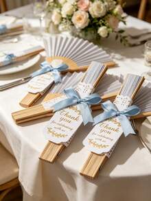 3pcs Blue Wedding Paper Fan Gift Set, Includes White Folding Fan, Blue Bow And Thank You Card, Suitable For Wedding Favors And Party - Multicolor - View 5