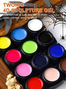 TWOING 12 Colors Halloween 3D 4D Sculpture Gel Kit With Nail Art Pen, Non-Sticky Soak Off Carving And Sculpting Gel, Firm Texture Embossed Painting Gel For Pumpkin Ghost Spider Web DIY Nail Design Salon Home Decoration - 彩色 - 查看 2