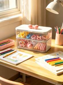 1pc Cream White With Pink Bow Decor Double Layer With Lid Dust-Proof Compartment Transparent Hair Accessory Storage Box - Multicolor - View 4