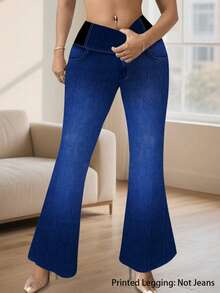 Women's Plus Size Slim Fit Denim Effect Printed Flare Pants, Medium Stretch, Exquisite Details, Fashionable And Comfortable - Blue - View 4