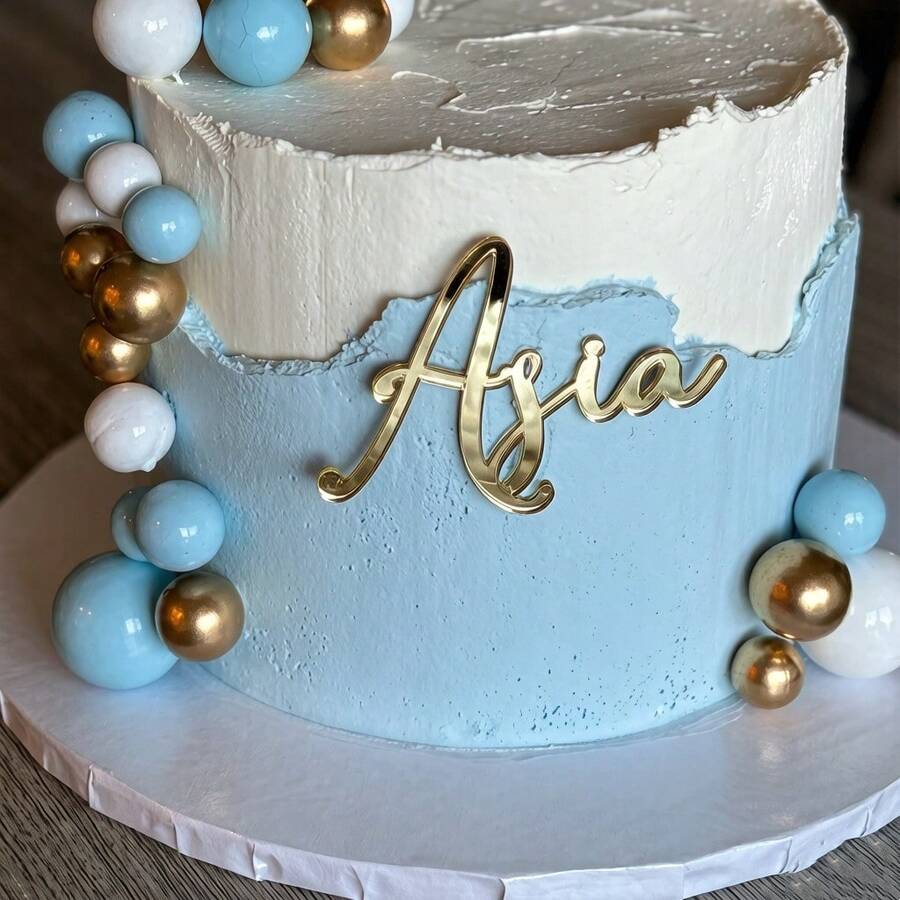 1pc Premium Gold Mirror Acrylic Cake Topper, Laser Cut Customized Cake Decoration Plug-In, Durable & Vibrant, Reusable, Personalized Decor For Weddings, Birthdays, Tea Parties And Office Celebrations - Multicolor - View 1