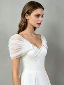 1pc White Tulle Criss-Cross Design Off-Shoulder Bridal Shawl, Summer Wedding Bride Party Elegant Women's Evening Dress Layering Accessory - A - View 3