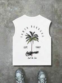 Teen Boys California Palm Tree Graphic Tank Top, Soft Comfy Summer Casual Sleeveless Top - White - View 3