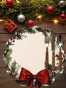 2/4/600pcs Christmas Party Flower Placemats - Vintage Holly And Red Bow Wreath; 13.78 Inch Linen Material; Tabletop Decor Non-Slip, Heat-Resistant And Machine Washable - Multicolor - View 7
