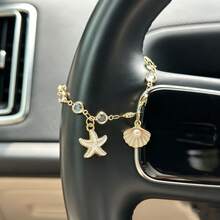 1pc Gold Single & Double Layer Ornament Chain, Heart Butterfly Starfish Shell Crystal Car Steering Wheel Hanging Pendant Elegant Metal Car Interior Accessories - A - View 3