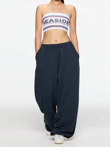American Style Cuffed Wide Leg Sweatpants With Foil Print, Jazz Dance Pants - Blue - View 9