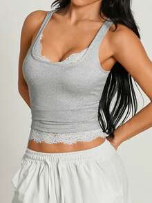 Spring/Summer Women's 1 Piece Casual Lace Trim Design Elastic Tank Top Sports - Light Grey - View 5