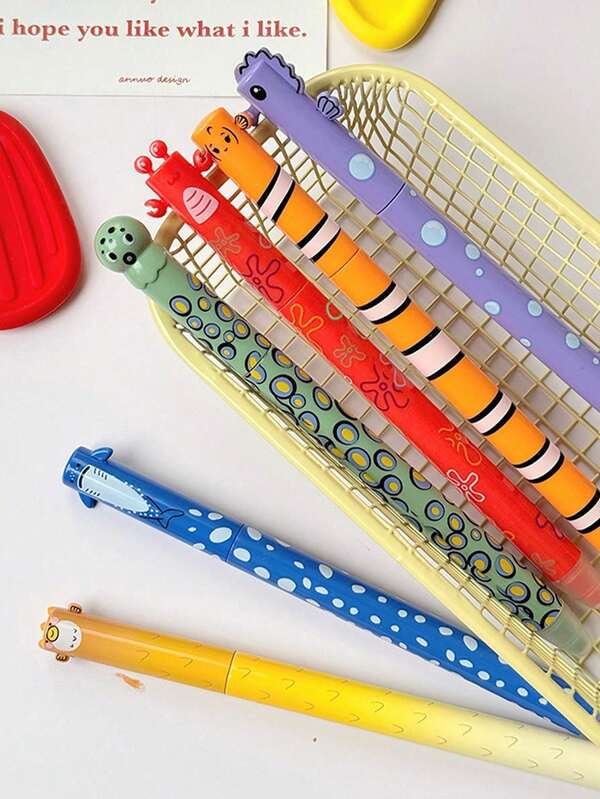 6pcs/Pack, Ocean Animal Shaped Rotating Erasable Blue Gel Pens, Assorted Styles Like Crab, Octopus, Seahorse, Shark, Clownfish, Back To School