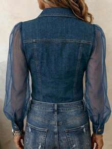 Women's Denim Fabric & Mesh Patchwork Shirt, Long Sheer Puff Sleeves, Button-Down With Fake Chest Pockets, Slim Fit Casual Top For Everyday Wear - 藏蓝色 - 查看 2