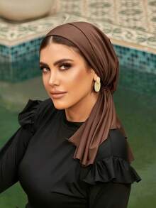 1pc Solid Color Women's Middle Eastern Arabic Classic Fashion Elegant Casual Versatile Ribbon Hijab Cap Wide Brim Curved Hat Swimming Sports Headscarf Hijab Hat Turban Cap Suitable For Daily Outdoor Wear - Coffee Brown - View 3