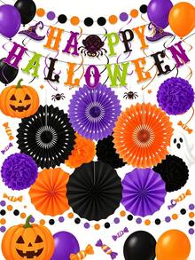 This Halloween Party Decoration Banner Set Includes Letters, Different Colored Paper Flower Balls, And Paper Fans. It's A Halloween Party Accessory, Home Decor Item, And Perfect For Creating A Halloween Party Atmosphere. - Multicolor - View 2