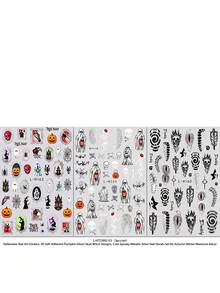 3pcs Halloween Day Of The Dead Self-Adhesive Pumpkin Lantern Ghost Skeleton Witch Spider Web Pattern Nail Art Decoration Metal Silver Dark Horror Party Autumn Winter Holiday DIY Nail Artist Supplies Nail Stickers - Multicolor - View 13