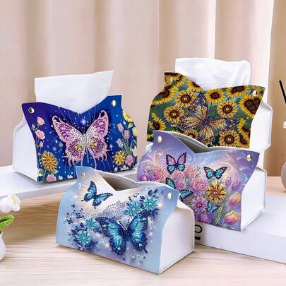 1pc Diamond Painting Kit Tissue Box, Butterfly & Flower Pattern, PU Leather Material With Partial Mosaic Craft, Suitable For Daily Home Use, Self-Use Or Thanksgiving, Mother's Day Gift