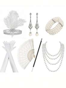 7-Piece 1920s Vintage Women's Costume Set - Halloween Party Outfit - Multicolor - View 6