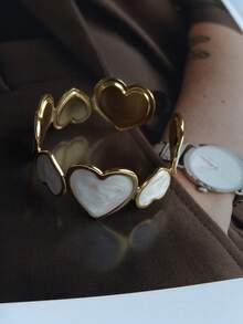 White Collection Stainless Steel Enamel Adjustable Open Cuff Bracelet, Starfish Shell Heart Design, Minimalist Fashion Summer Beach Romantic Nautical Personalized Stackable Vintage Clothing Accessory - White - View 7