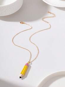 Kalung Liontin Apel Penggaris Pensil Enamel 3D Lucu, Perhiasan Fashion untuk Kembali ke Sekolah dan Kelulusan, Cocok Sebagai Hadiah untuk Pemakaian Sehari-hari Siswa dan Wanita Muda - Yellow Gold - View 5