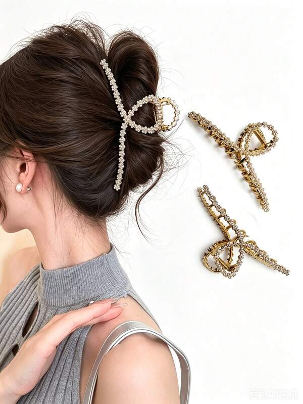 1 kẹp tóc cao cấp đính ngọc trai vàng và đá rhinestone, kẹp càng cua hợp kim không dễ rơi, phụ kiện tóc phong cách Pháp sang trọng cho cô dâu và phù dâu, kiểu vintage celeb cho đám cưới, tiệc cưới và hẹn hò
