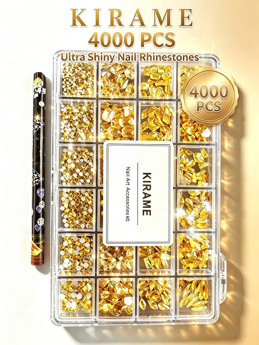 KIRAME 4000顆高品質超亮黃色美甲水鑽套組，含拾取筆，混色形狀水晶，適用於DIY美甲、居家美甲、美甲沙龍、美甲供應商、美甲用品，聖誕、夏季與旅行美甲，節日禮物