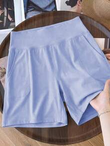 Frühling/Sommer Damen Große Größen Hohe Taille Elastisch Bauchkontrolle Lose Shorts, Lässige Mode Seitliche Schlitz Taschen Outdoor Sport Bermuda Shorts - Babyblau - Übersicht 1