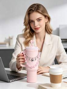 1/5件組可愛愛心串珠杯鏈吊飾套組，附蝴蝶結吸管裝飾蓋、杯把保護底套，Y2K風保溫杯裝飾配件組，適用30/40oz保溫杯水杯，DIY杯子裝飾飾品禮物配件 - 彩色 - 查看 11