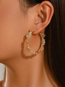 1 Pair Fashionable Exaggerated Colorful Floral Hoop Earrings For Women, Luxury Delicate Crystal Flower C-Shape Earrings, Suitable For Daily, Vacation, Party Wear (Handmade Beads Color And Metal Wire Wrapping Style Are Random) - Champagne - View 3