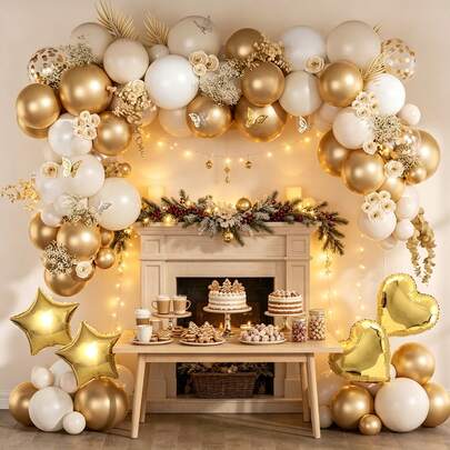 Sand White Gold Balloon Garland Set 79 Counts Heart Star Foil Balloons Matching Birthday Banner For Multi Occasion Indoor Outdoor Celebration Backdrop