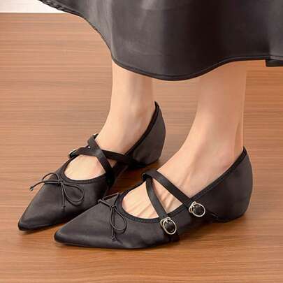 Commuter Office Comfortable Satin Double Metal Buckle Pointed Toe Flat Shoes Slimming Cross Strap Bow Women's Shoes